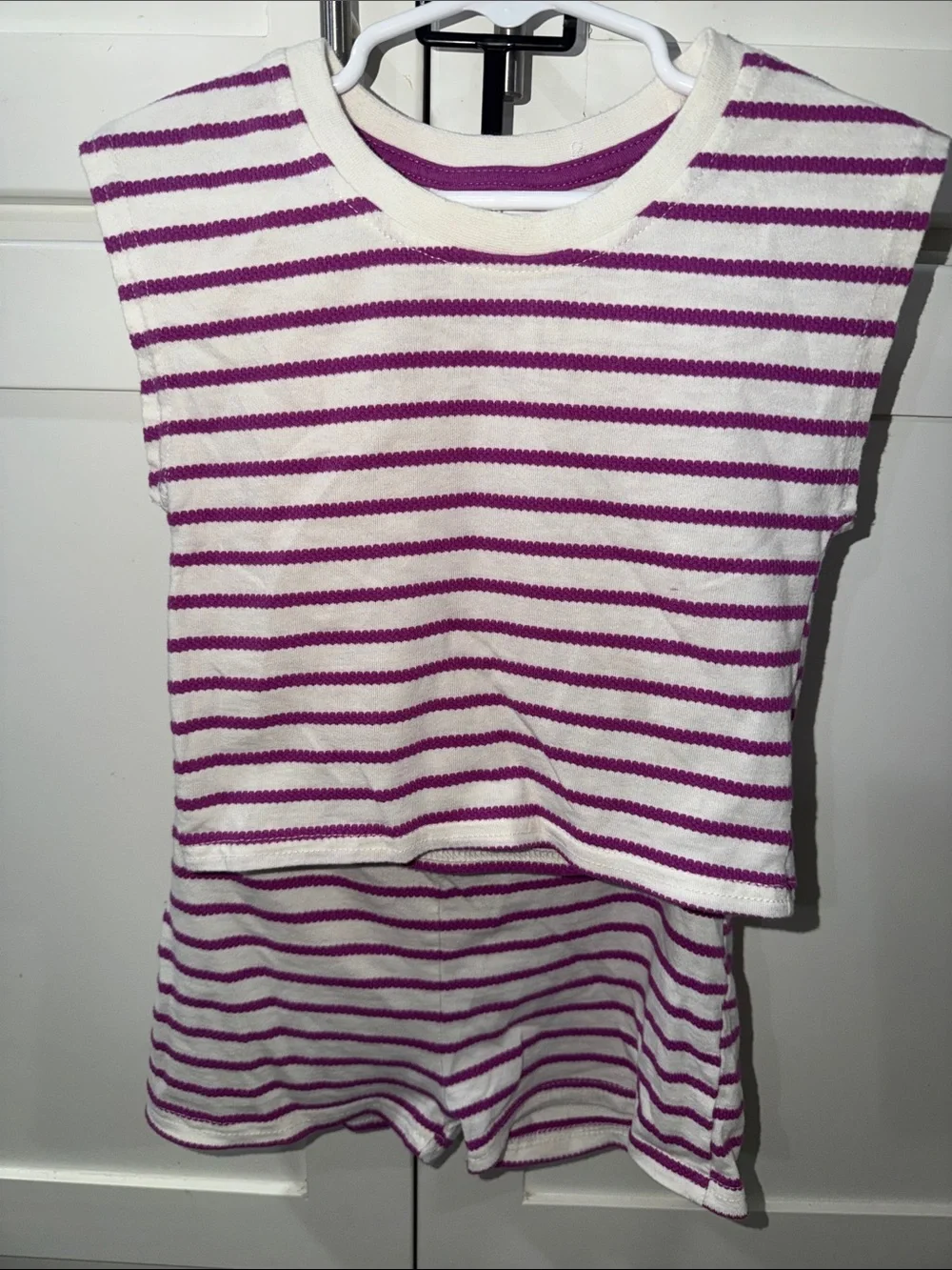 Girls' White & Purple Striped Cotton Tank Top and Shorts Set